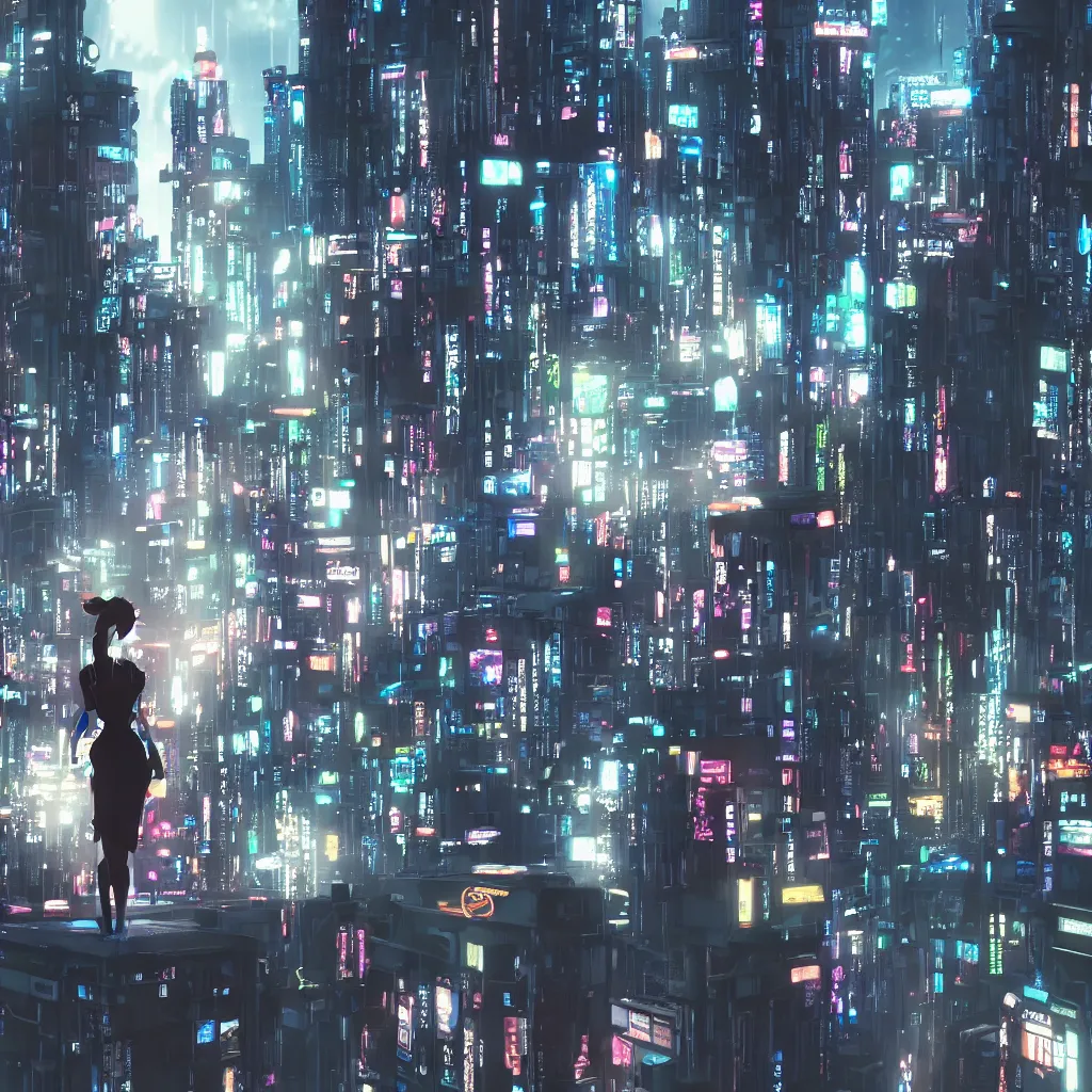 Image similar to a girl stands on top of a multi-storey building, anime style, 4k, cyberpunk city in the background, very detailed