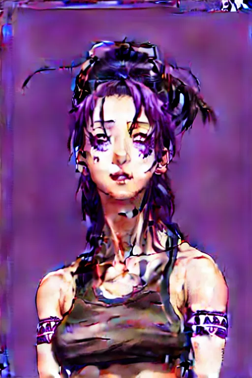 Image similar to a portrait of dilraba dilmurat as revy from black lagoon, smirk, black tank top, jean shorts, brown eyes, purple hair, tribal tattoo sleeve right arm, symmetrical eyes, symmetrical face, art by lois van baarle and loish and ross tran and rossdraws and sam yang and artgerm