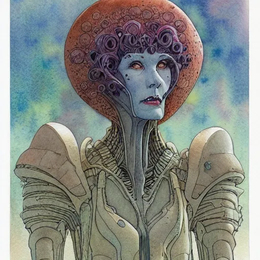 Prompt: a simple and atmospheric watercolour portrait of a pulp sci - fi alien hivr queen, very muted colors, by rebecca guay, michael kaluta, charles vess and jean moebius giraud