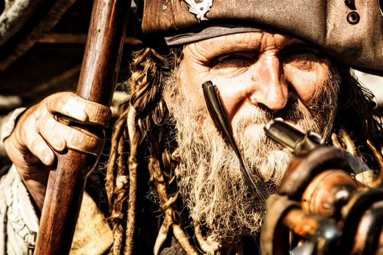 Image similar to closeup old pirate with a flintlock pistol on an old pirate ship, by emmanuel lubezki