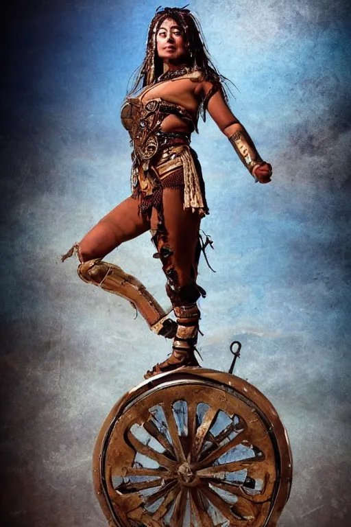 Image similar to old vintage full body photo of ancient Mexican warrior female on the complex big steam punk airboard with antigravity engine, extreme sports photography , dynamic photography,symmetrical face, beautiful female face, slim body, high speed,dirt and grawel flying in the spot, lens flares, dust in the air, dramatic lighting, intricate, highly detailed, centered, smooth, sharp focus, sports photography, old photo, black and white, sepia, cinematic lighting, cinematic angle, national geographic