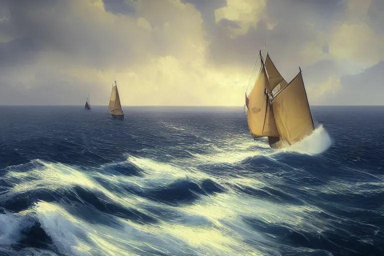 Prompt: a beautiful yacht with full sail’s, sunny day with puffy clouds and heavy waves, low camera angle, in style of Aivazovsky, epic lighting, ultra realistic, 4k, hyper details, cinematic, sharp edges,