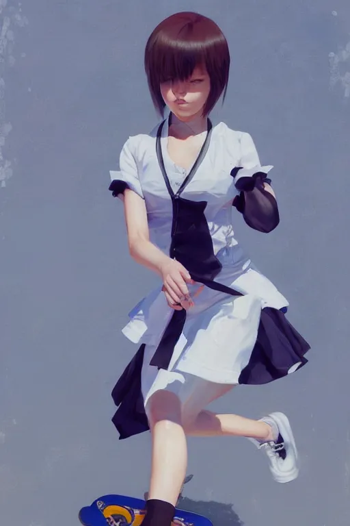 Image similar to A ultradetailed beautiful panting of a stylish woman in a maid outfit skateboarding, Oil painting, by Ilya Kuvshinov, Greg Rutkowski and Makoto Shinkai