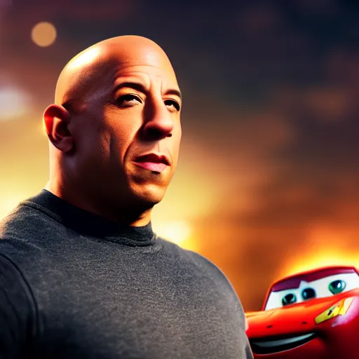 Image similar to vin diesel riding on top on a roof of lightning mcqueen, cinematic, bokeh, blur, action