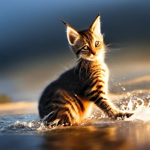 Prompt: a closeup photorealistic photograph of a cute kitten kangaroo hybrid splashing in the surf during sunset. professional capture, well lit shot. this 4 k hd image is trending on artstation, featured on behance, well - rendered, extra crisp, features intricate detail, epic composition and the style of unreal engine.