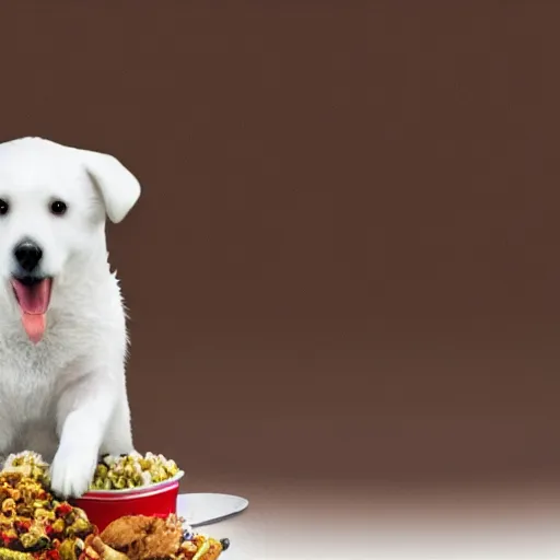 Prompt: a white cuddly dog on top of a can of food, digital art, nicely detailed