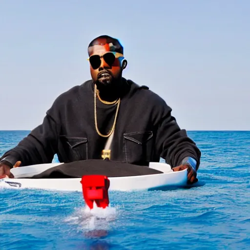 Prompt: kanye west performing a live concert on a small boat in the middle of the ocean