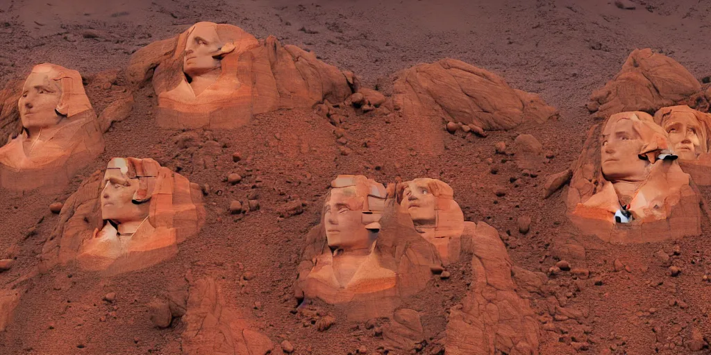Prompt: statues of queens and empresses carved into a red mountain range on mars, sci - fi, landscape, mount rushmore