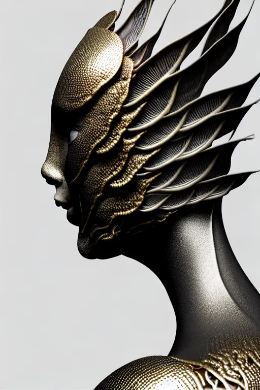 Image similar to bw contrasted close - up profile face, black background, beautiful young porcelain vegetal - dragon - cyborg - female, 1 5 0 mm, beautiful natural soft rim light, silver gold details, magnolia leaves and stems, roots, mandelbot fractal, elegant, ultra detailed, white metallic armour, octane render, h. r. giger style