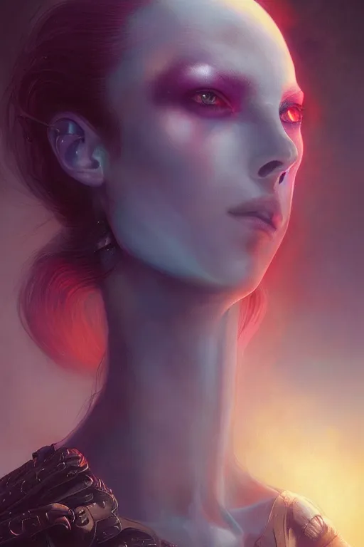 Image similar to a dramatic lighting photo of an elegant alien queen, vaporwave colors, artgerm, tom bagshaw, gerald brom,