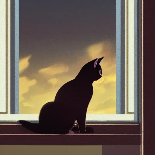 Image similar to a cat sitting on the window ledge watching over a beautiful anime city in the style of Tue Tue on ArtStation and Ayush Pant on ArtStation, the cat is pictured from behind, 4k,