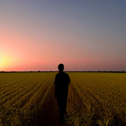 Prompt: view of the horizon of a japanese crop field, sun setting, sky is a deep red gradient, hazy vignette, silhouette of a man walking down the middle of the field towards viewer