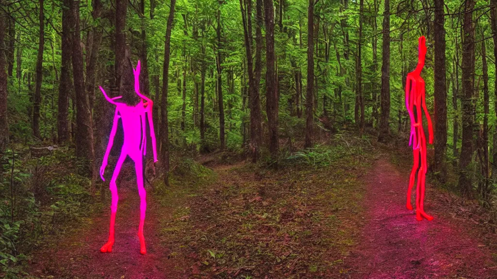 Prompt: psychedelic neon wendigo walking down a trail in the forest