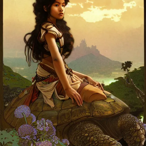 Image similar to a little warrior girl sitting on top of one giant turtle that is walking in the desert. the girl has dark skin and beautiful green eyes, realistic full body and a very beautiful detailed symmetrical face with long black hair. diffuse light, dramatic sky and landscape, long shot fantasy illustration by mucha