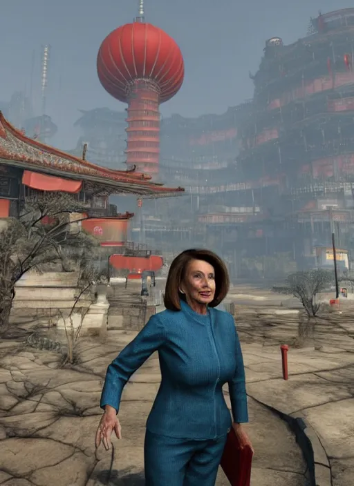 Prompt: Nancy Pelosi visiting china in fallout 4