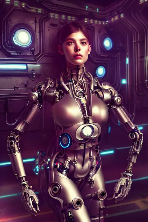 Image similar to ultra realistic, beautiful female cyborg in a crowded smoky cyberpunk club in space megalopolis, sci - fi, intricate details, eerie, highly detailed, octane render, 8 k, art by artgerm and alphonse mucha and greg rutkowski