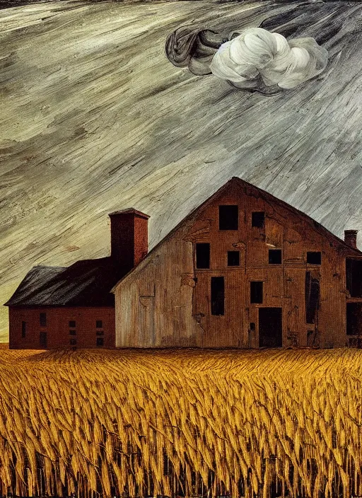 Image similar to Oil painting - An abondoned farmhouse with wheat field - the wheat field is splotched by mold - by Lucian Freud and Jenny Saville, Abstract brush strokes, Masterpiece, Edward Hopper and James Gilleard, Zdzislaw Beksinski, Mark Ryden, Wolfgang Lettl highly detailed, hints of Yayoi Kasuma