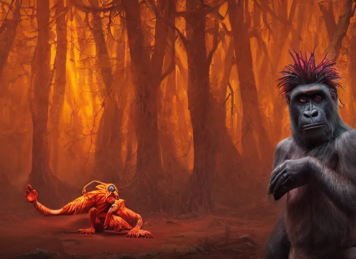 Image similar to dozens of orange safety cones are spread around a beautiful strange forest, a man in a hairy gorrilla costume sri lankan mahasona yaka devil beast in a mask dances in ritual in the center distance, cinematic painting by james jean, atomspheric lighting, moody lighting, dappled light, detailed, digital art, limited color palette, wes anderson, artstation