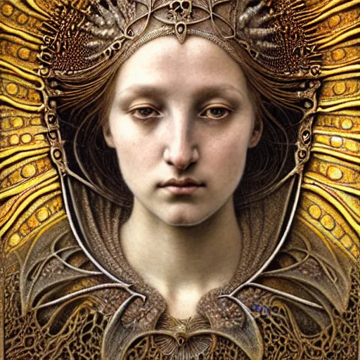 Image similar to detailed realistic beautiful young medieval queen face portrait by jean delville, gustave dore, iris van herpen and marco mazzoni, art forms of nature by ernst haeckel, art nouveau, symbolist, visionary, gothic, pre - raphaelite, horizontal symmetry, fractal lace, realistic ornate gilded medieval icon