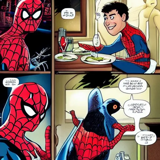 Prompt: spider man in a romantic dinner with an emperor penguin