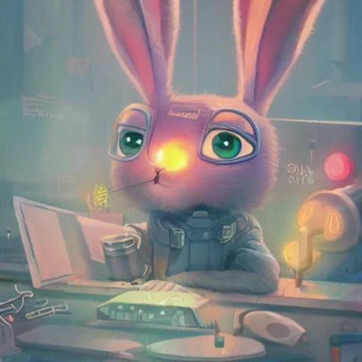 Prompt: super cute cyberpunk bunny, a carrot, pixar, zootopia, cgi, blade runner. trending on artstation