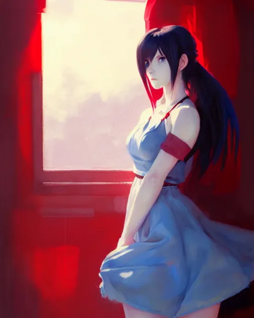 Image similar to elegant tifa lockhart in a red cottagecore dress, portrait, illustration, rim light, top light, clear blue sky, winter, perfectly shaded, soft painting, art by krenz cushart and wenjun lin