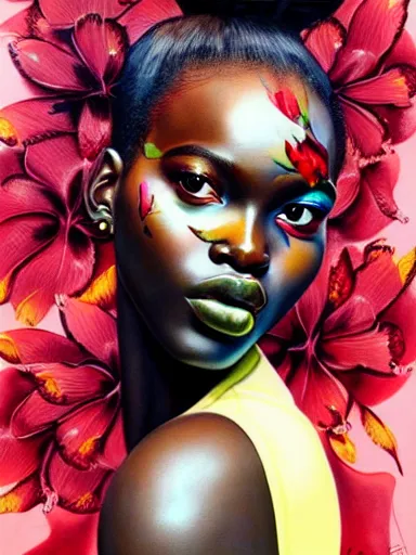 Image similar to portrait of duckie thot with a floral background : : painted by artgerm, karol bak, artur bordalo, sandra chevrier : : portrait, character, illustration, hyperrealism, photorealism,