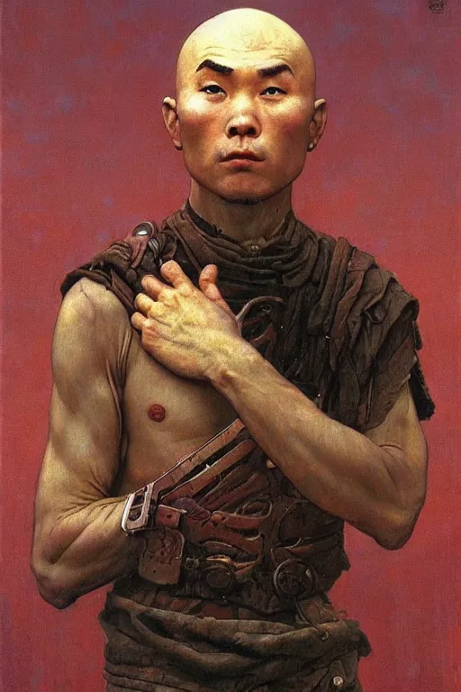 Image similar to beautiful cute bald kazakh guy with a short beard, painted by beksinski, norman rockwell, jack kirby, tom lovell, alex malveda, greg staples