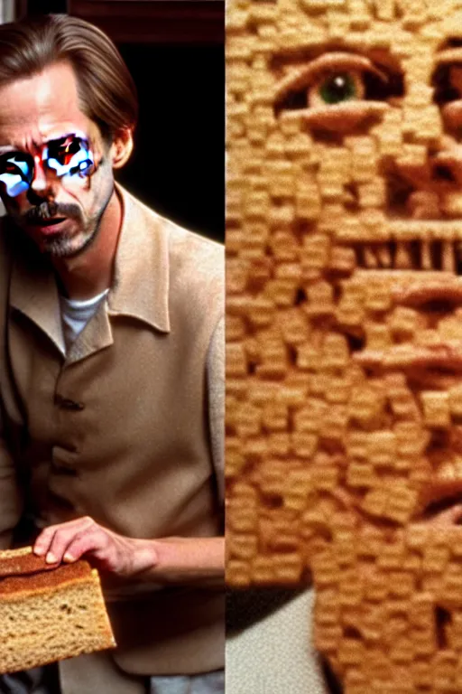 Image similar to film still of steve buscemi made out of bread in the royal tenenbaums, 4 k