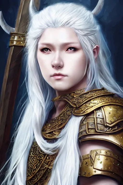 Image similar to A realistic anime portrait of a beautiful white haired female barbarian wearing an intricate viking armor, digital painting, by Stanley Artgerm Lau, Sakimichan, WLOP and Rossdraws, digital painting, painterly, Pixiv, Deviantart, golden ratio, rule of thirds, good composition, HD, 8k, award winning, promo art, splash art, rpg, jrpg, dungeons and dragons, DND, trending on ArtStation