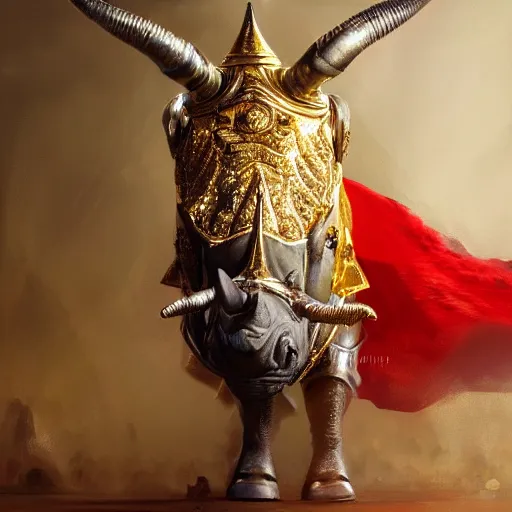 Image similar to detailed photorealistic painting of a one horned rhino wearing a highly detailed ornamented gold crown with diamonds, in a medieval knight armor with red cape , holding a chess piece, sharp focus in the style of ruan jia, Mandy jurgens, cinematic light, concept art, trending on artstation, ultra realistic