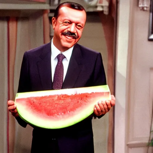Prompt: recep tayyip erdogan smiling holding watermelon for a 1 9 9 0 s sitcom tv show, studio photograph, hd, studio