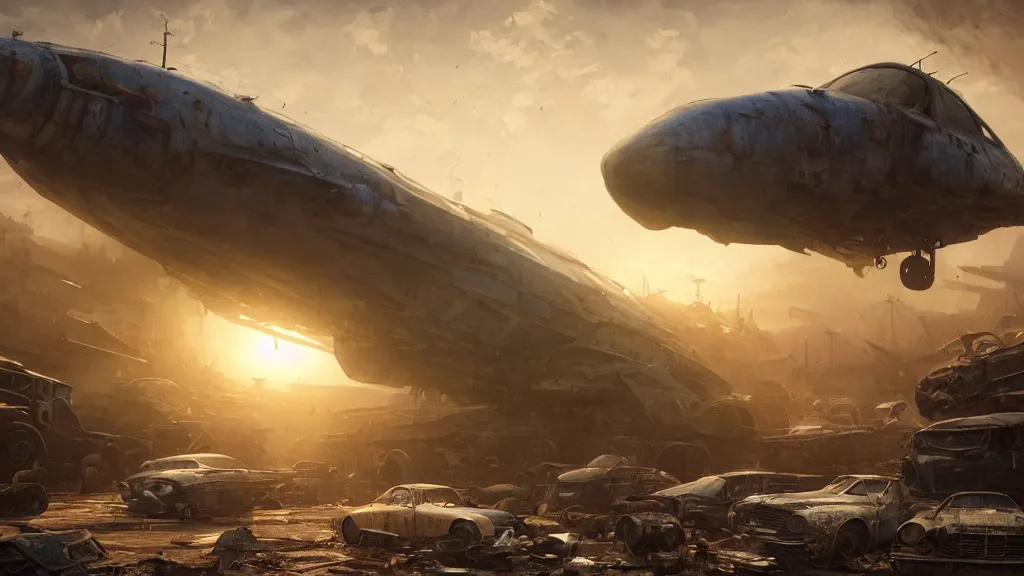 Image similar to a Photorealistic hyperrealistic render of a gigantic spaceship landing at a Junkyard full of weathered vehicles by PIXAR,Greg Rutkowski,Nicolas Bouvier SPARTH,James Paick,WLOP,Artgerm,dramatic moody sunset lighting,long shadows,Volumetric, cinematic atmosphere, Octane Render,Artstation,8k