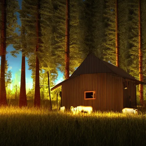 Image similar to a ultra realistic blue lightning arc over a cabin in the wood, by night. cows in the field. pines. horror movie scene, complex, highly detailed, unreal engine 5, 8 k render