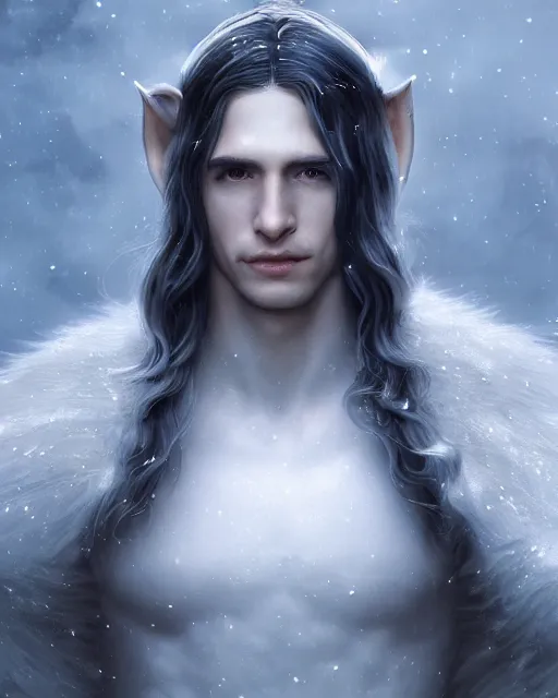 Prompt: portrait, beautiful male elf, long wavy white hair, super detailed, light black armor with silver accenting, silver jewelry, fur lined cape, 8 k, filmic, octane render, moonlight, snow, clouds, torch light on the right, artstation, greg rutkowski, rossdraws, william bouguereau, sharp focus