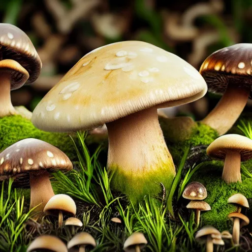 Image similar to macro photo with a mushroom character with cute eyes and mycelium, very close to real nature, natural colors and natural surroundings, painted patterns and coloring on mushrooms, 8K, highly detailed, cartoon