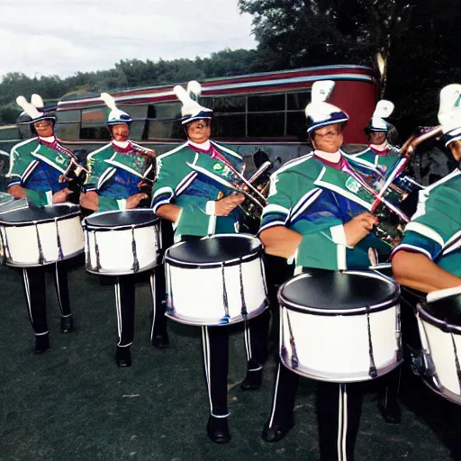 Image similar to photograph of madison scouts drum and bugle corps drum line from 1 9 9 2 warming up beside a madison scouts drum and bugle corps tour bus, photorealism, detailed