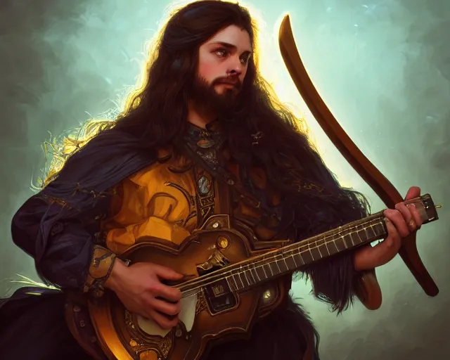 Image similar to photography of a bard with an axe guitar 8 k, deep focus, d & d, fantasy, intricate, elegant, highly detailed, digital painting, artstation, concept art, matte, sharp focus, illustration, hearthstone, art by artgerm and greg rutkowski and alphonse mucha