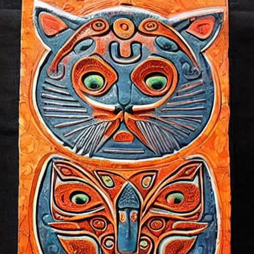 Prompt: mysterious cat god , maori art