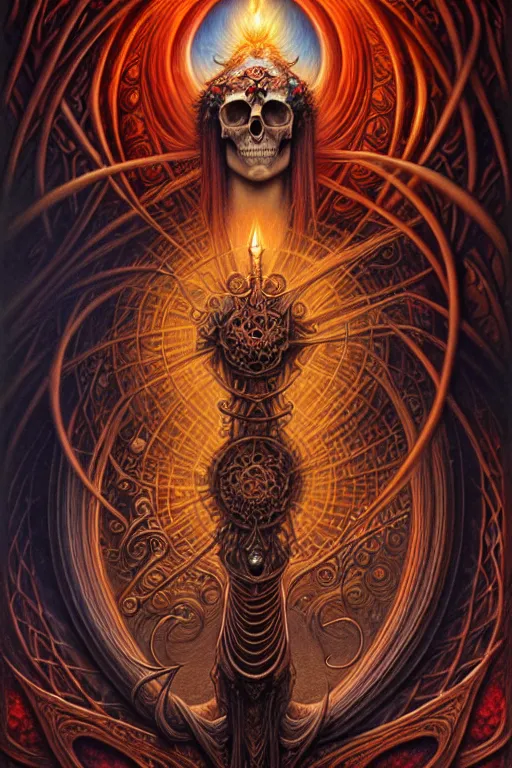 Image similar to A beautiful detailed orixa, tarot card, by tomasz alen kopera and Justin Gerard, symmetrical features, ominous, magical realism, texture, intricate, ornate, royally decorated, skull, skeleton, whirling smoke, embers, red adornements, red torn fabric, radiant colors, fantasy, trending on artstation, volumetric lighting, micro details, 3d sculpture, ray tracing, 8k, anaglyph effect