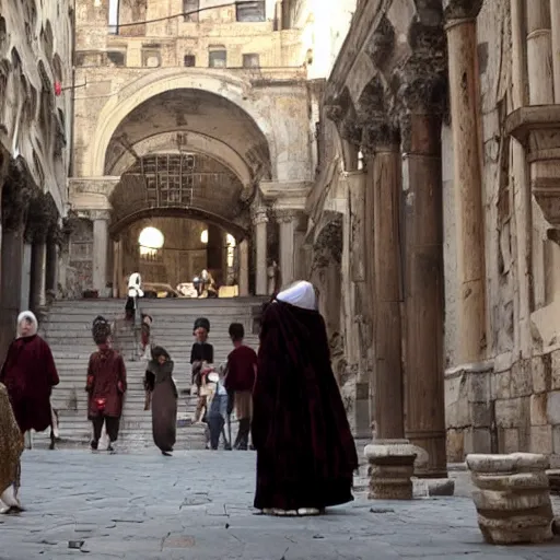 Prompt: scene from a 2 0 1 0 film set in ancient constantinople showing a woman using public transport