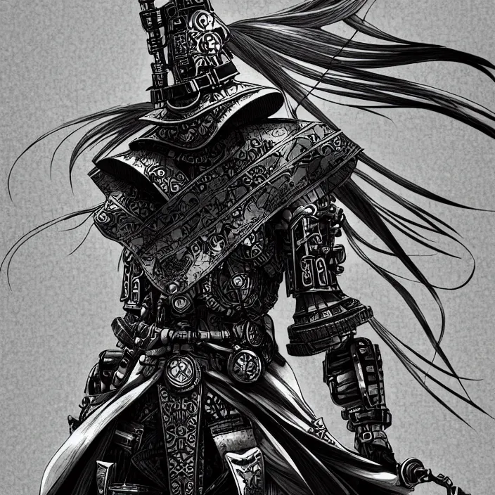 Image similar to a vertical portrait of a manga character in a scenic environment by nihei tsutomu, black and white, dreamy, steampunk armor, highly detailed, render