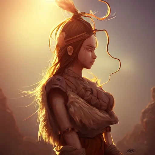 Prompt: beautiful young wind spirit, leather top, full round face, short smile, golden hour, full body, post apocalyptic setting, medium shot, mid-shot, highly detailed, trending on Artstation