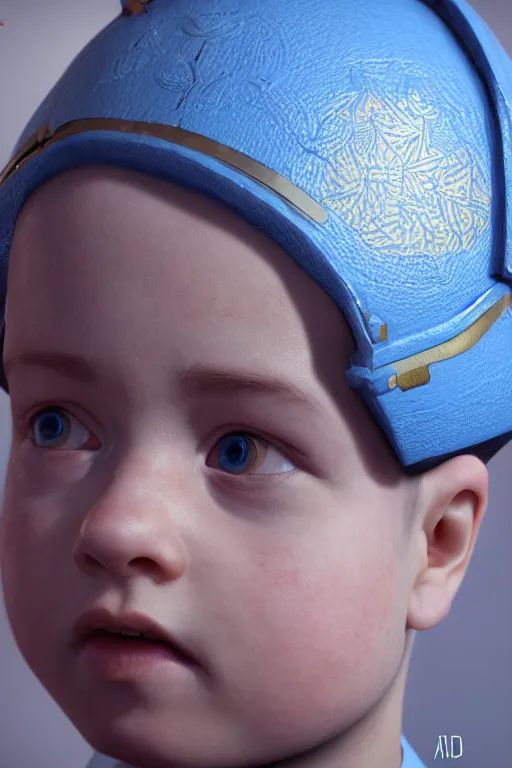 Image similar to hyperrealistic little boy close - up portrait, the portrait is decorated with art deco patterns, hyperrealistic, volumetric lighting, ultra detailed, elegant, octane render, blue and gold, 8 k, trending on artstation, unreal engine