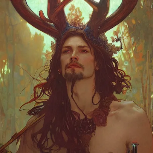 Prompt: haughty Viking fae god with shining eyes and antlers, by Greg Rutkowski, Alphonse Mucha, and Brom