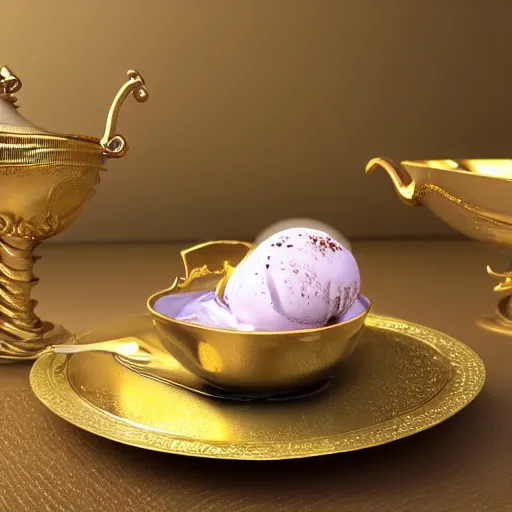 Image similar to ultra realistic photo of a cup of ice cream in golden cup with rich details and luxury plates