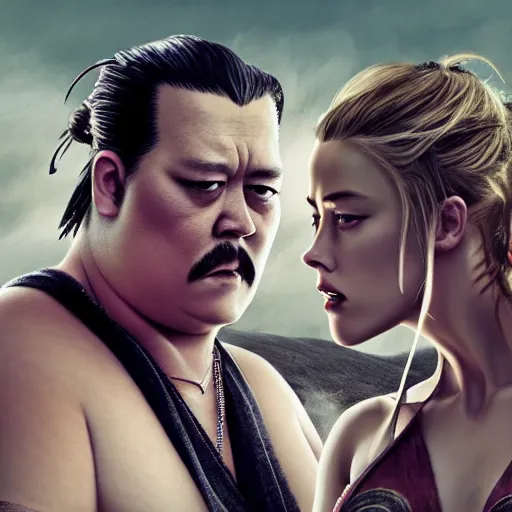 Image similar to Amber Heard and Johnny Depp are sumo fighting, artstation, matte painting, highly detailed, intricate, concept art, dramatic cinematic lighting, octane render, 8k, unreal engine