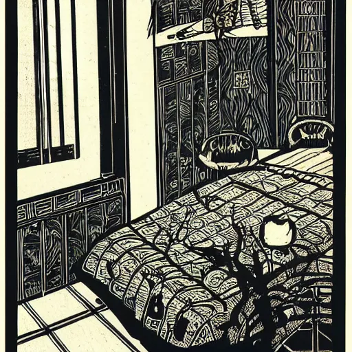 Image similar to a liminal hotel room, colored woodcut, poster art, by Mackintosh, art noveau, by Ernst Haeckel