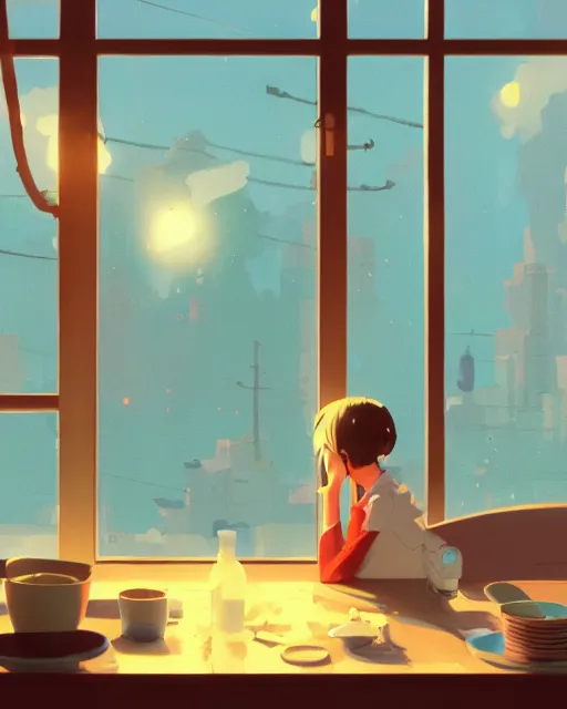 Image similar to seen through a window, diner, detailed, cory loftis, james gilleard, atey ghailan, makoto shinkai, goro fujita, studio ghibli, rim light, exquisite lighting, clear focus, very coherent, plain background, soft painting