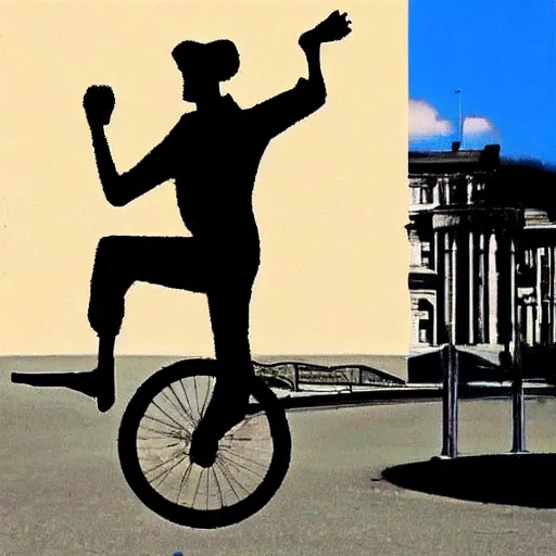 Prompt: A man riding a unicycle in the style of Salvador Dali